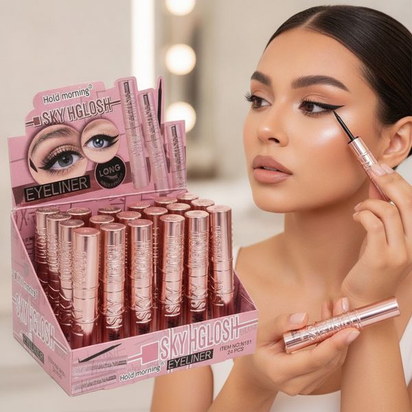 Caja exhibidora con 24 delineadores de ojos líquidos metálicos color rosa Hold Morning SKY HGLOSH
