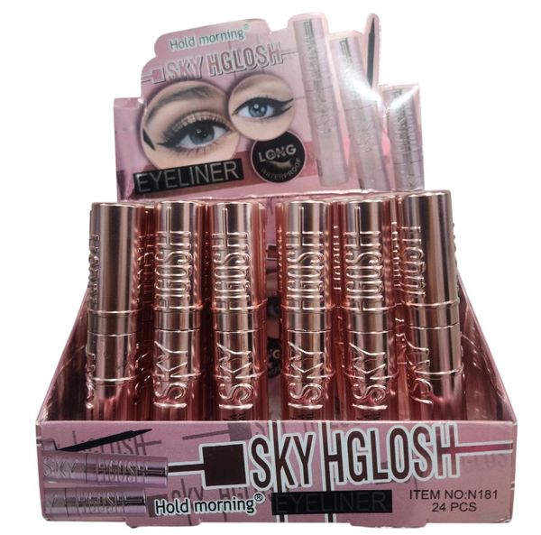 Caja exhibidora con 24 delineadores de ojos líquidos metálicos color rosa Hold Morning SKY HGLOSH
