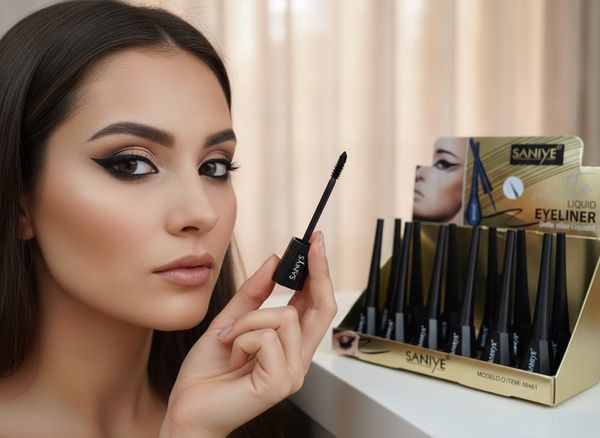 Exhibidor con delineadores líquidos para ojos de color negro marca Saniye modelo M461
