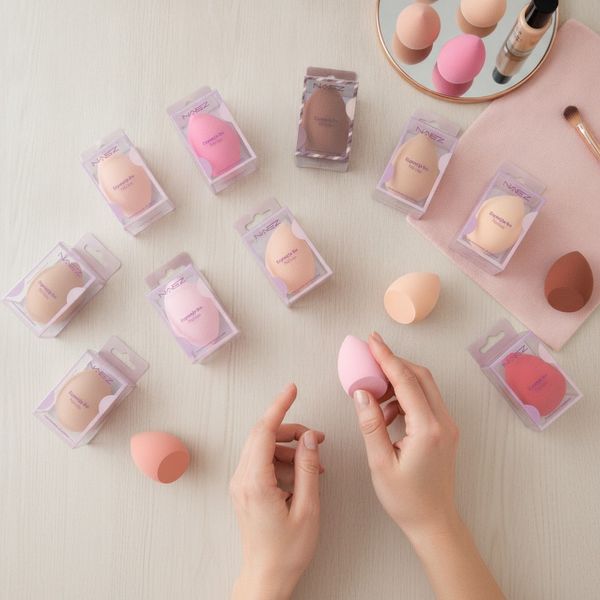 Caja con 12 esponjas de maquillaje en forma de gota en empaques individuales transparentes