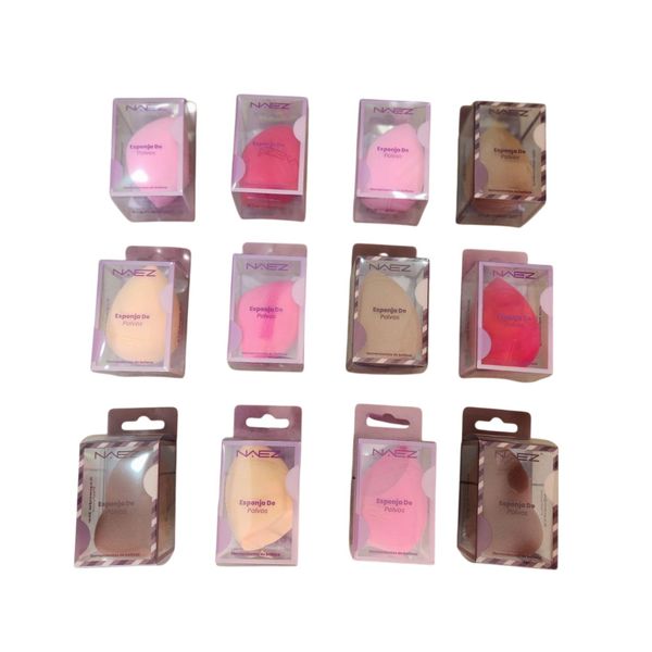 Caja con 12 esponjas de maquillaje en forma de gota en empaques individuales transparentes