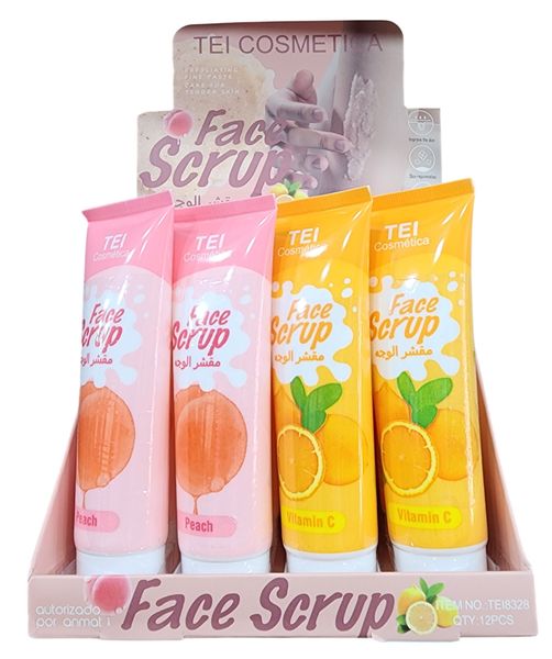Exhibidor comercial con tubos de exfoliante facial TEI Cosmética variedades Peach y Vitamin C.
