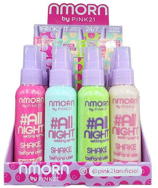 Exhibidor con fijadores de maquillaje en spray Pink21 All Night surtidos