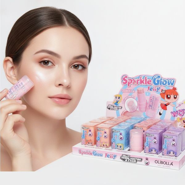 Exhibidor de iluminadores en barra Sparkle Glow Jelly marca Olibolla