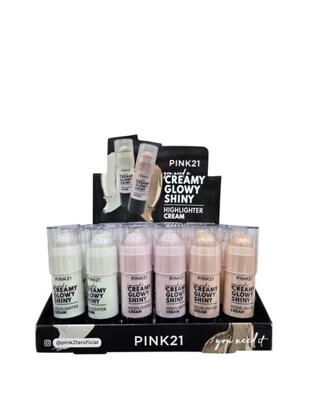 Exhibidor con iluminadores faciales en crema en stick marca Pink21