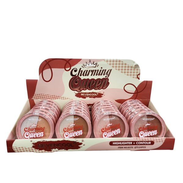 Caja exhibidora de maquillaje dúo iluminador y contorno marca Sevencool Charming Queen con 24 unidades.