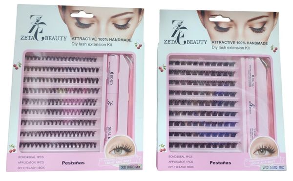 Cajas de kit de extensión de pestañas DIY Zeta Beauty con racimos de pestañas, pegamento y pinza