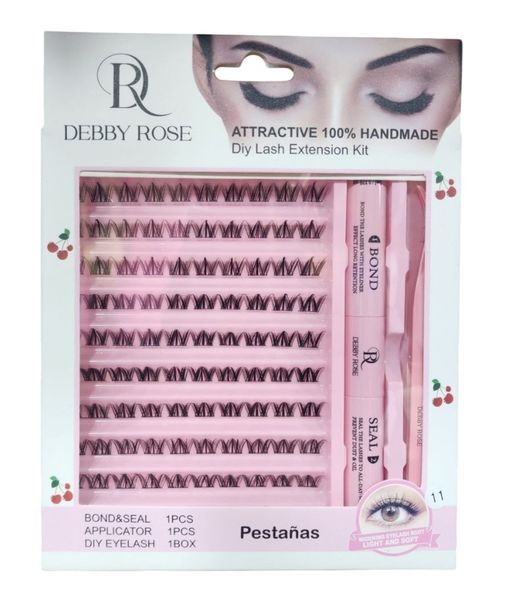Kit de extensión de pestañas DIY Debby Rose con pestañas en racimos, adhesivo Bond and Seal y aplicador rosa