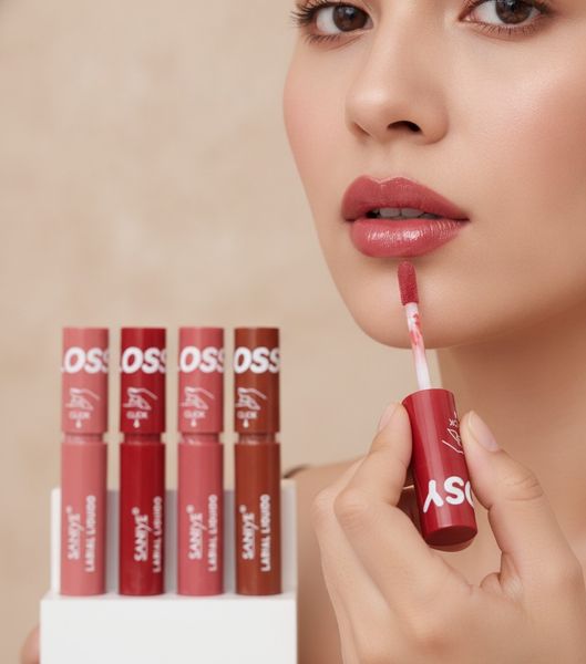 Caja exhibidora de labiales líquidos marca Saniye en varios tonos con sistema click