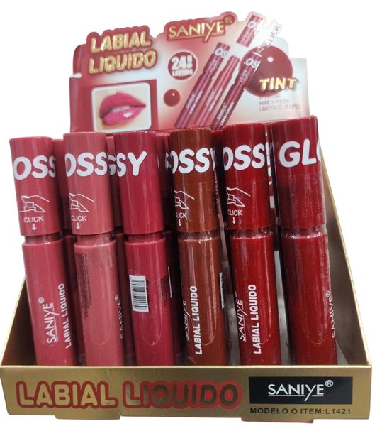 Caja exhibidora de labiales líquidos marca Saniye en varios tonos con sistema click