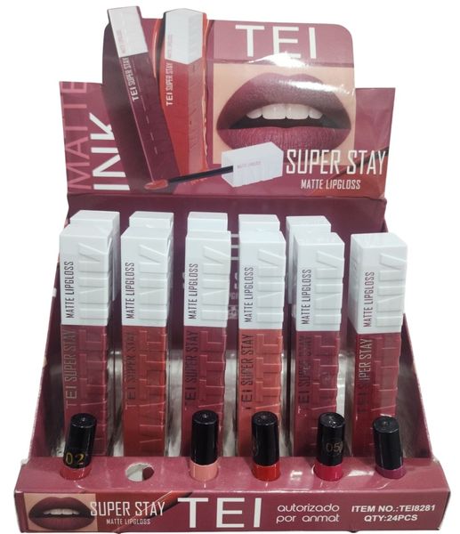 Exhibidor de labiales líquidos mate TEI Super Stay con variados tonos