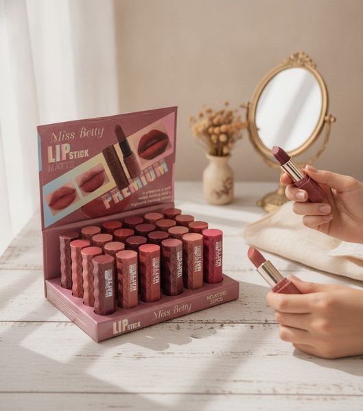Caja exhibidora con 24 labiales en barra matte Miss Betty