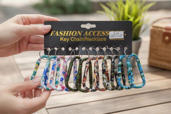 Tarjeta exhibidora con doce llaveros tipo mosquetón de colores y estampados surtidos con argollas metálicas.