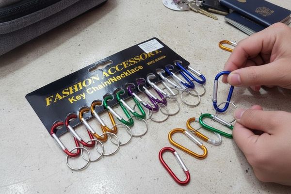 Tarjeta exhibidora con 12 llaveros mosquetón metálicos de varios colores