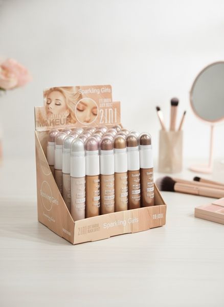 Caja exhibidora con maquillajes 2 en 1 base líquida y sombra de ojos Sparkling Girls