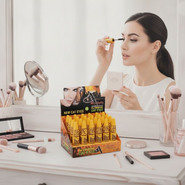 Caja exhibidora con máscaras de pestañas Miss Betty The Colossal Cat Eyes en envase amarillo con detalles leopard print.