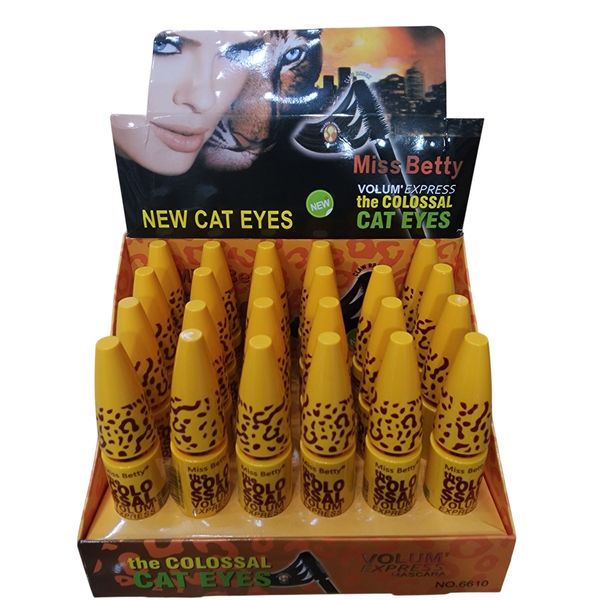 Caja exhibidora con máscaras de pestañas Miss Betty The Colossal Cat Eyes en envase amarillo con detalles leopard print.