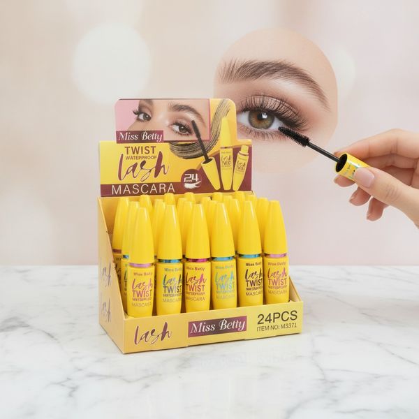 Caja exhibidora amarilla con 24 máscaras de pestañas Miss Betty Lash Twist Waterproof
