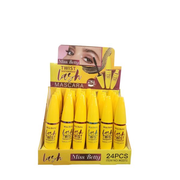Caja exhibidora amarilla con 24 máscaras de pestañas Miss Betty Lash Twist Waterproof