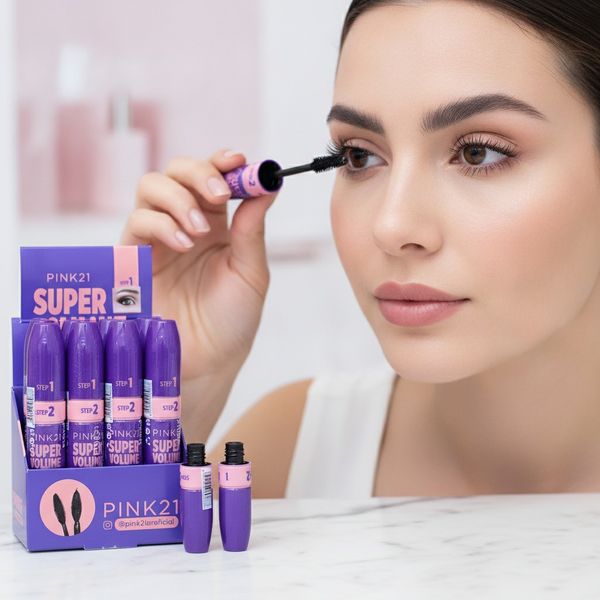 Caja exhibidora de máscaras para pestañas Pink21 Super Volume en envase púrpura