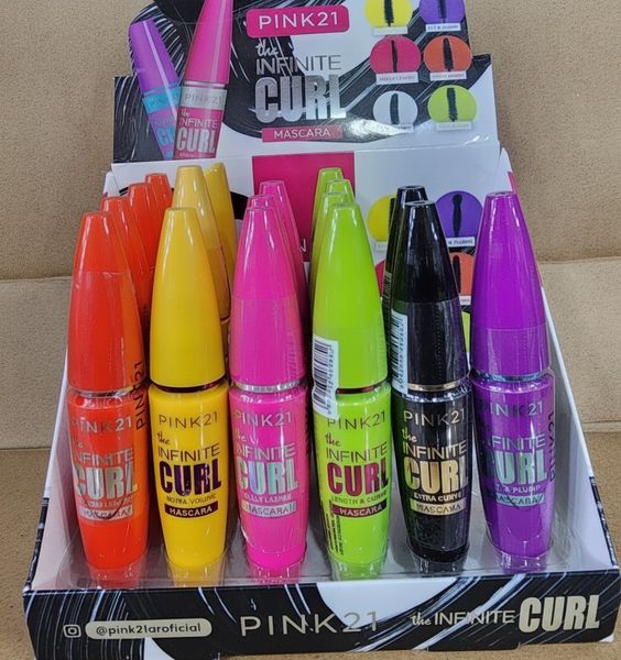 Caja exhibidora con máscaras de pestañas de colores Pink 21 The Infinite Curl