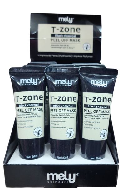 Exhibidor de mascarillas faciales peel-off de carbón negro marca Mely Skincare