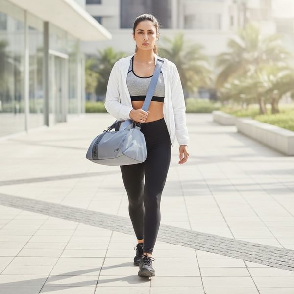 Dos mini bolsos deportivos Jiliping en tonos azul y gris sobre piso de baldosas
