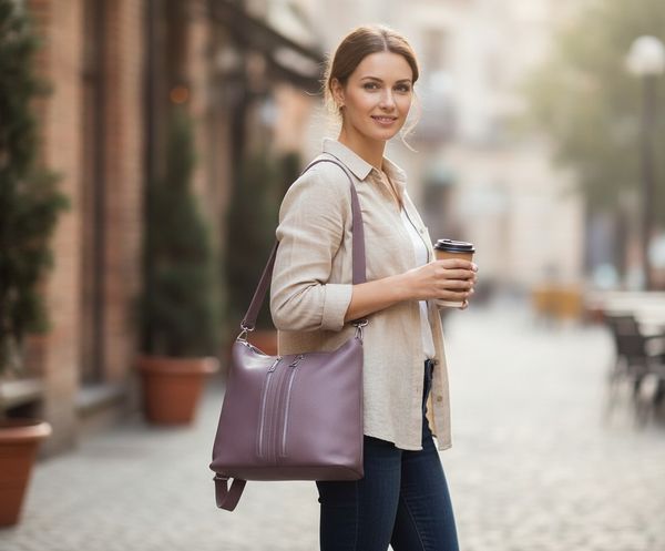 Seis mochilas carteras para mujer en tonos neutros con cierres verticales al frente exhibidas en conjunto.