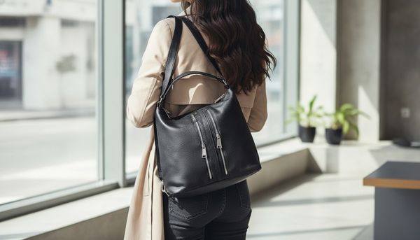 Dos mochilas carteras de color negro con cierres metálicos sobre un piso de baldosas.