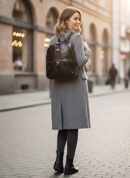 Mochila urbana de charol negro con textura matelassé y bolsillo frontal