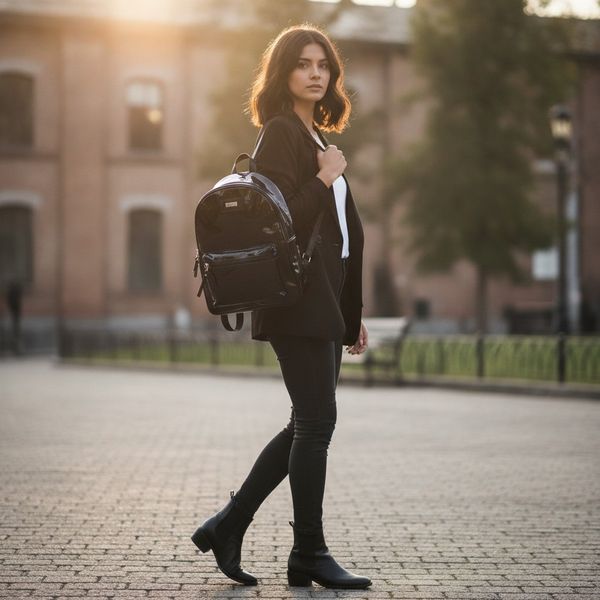 Mochila urbana de charol negro con bolsillo frontal