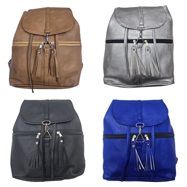 Mochilas urbanas de mujer en símil cuero granulado en colores marrón, plateado, negro y azul con detalle de flecos