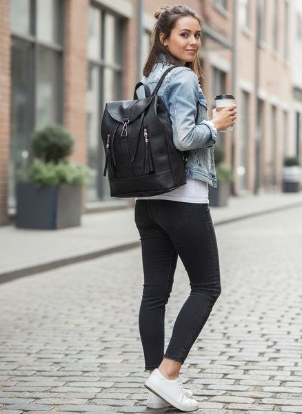 Mochila urbana de ecocuero color negro con detalles de flecos en los cierres frontales y solapa metálica.