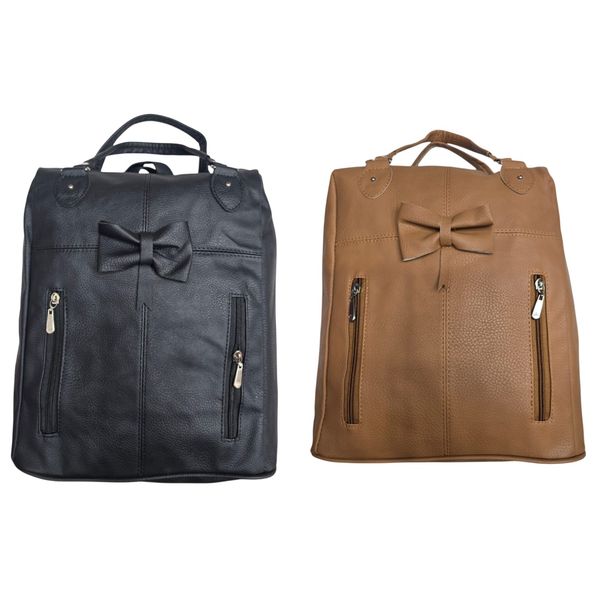 Mochila urbana de ecocuero para mujer con moño frontal disponible en colores negro y marrón