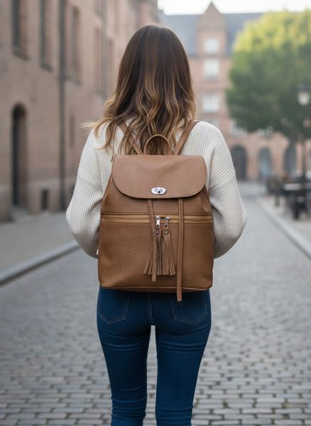 Mochila urbana de ecocuero color marrón suela con solapa y flecos en los cierres