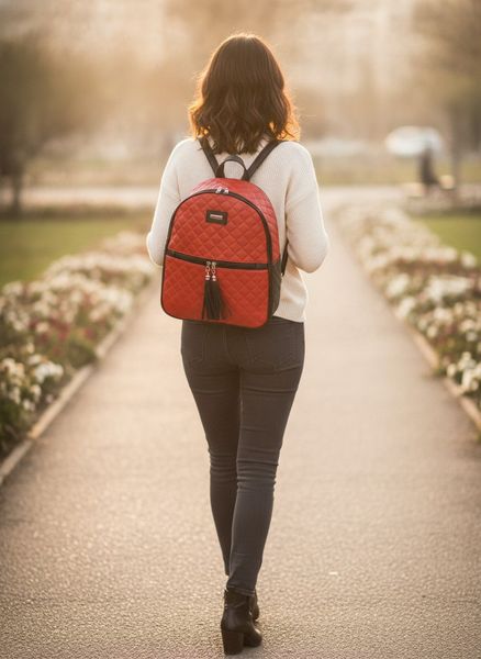 Mochila urbana de mujer en ecocuero matelassé rojo con detalles y borlas en negro.