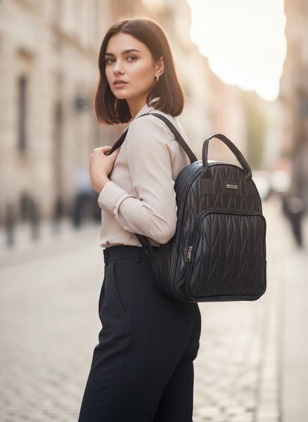 Mochila urbana de color negro con textura matelassé acolchada y bolsillo frontal con cierre.