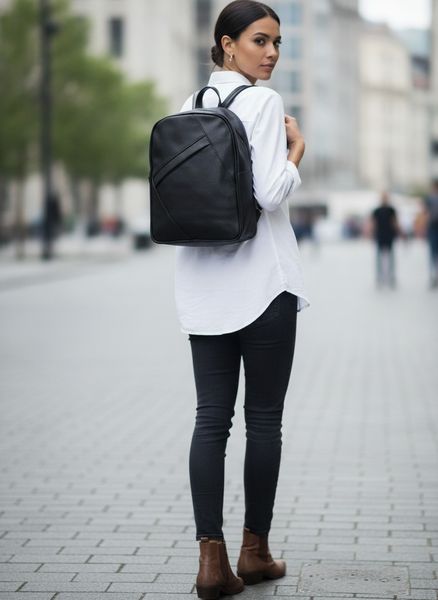 Mochila urbana de ecocuero negro con costuras y bolsillo diagonal