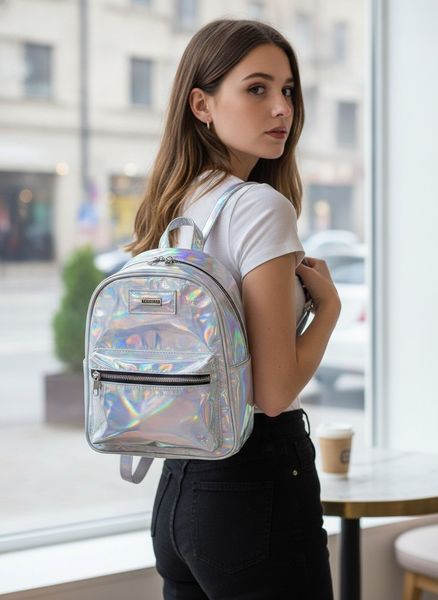 Tres mochilas mini de mujer en colores holográfico, rojo metalizado y marrón