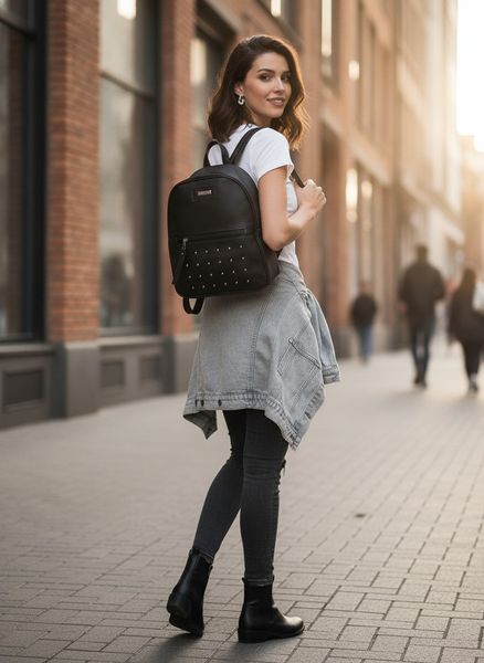 Mochila de ecocuero negra con tachas metálicas en el bolsillo frontal