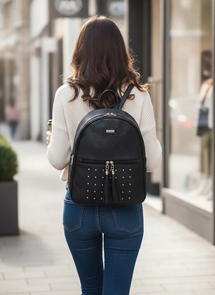 Mochila negra de mujer con tachas plateadas y borlas colgantes en el bolsillo frontal