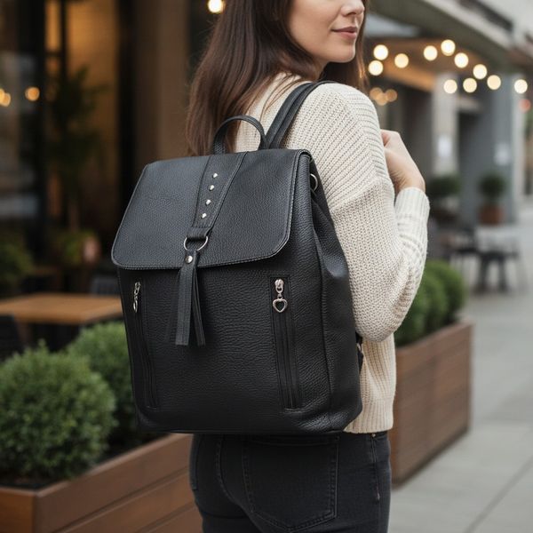 Mochila de ecocuero negra con tachas, flecos en la solapa y cierres frontales con tirador de corazón