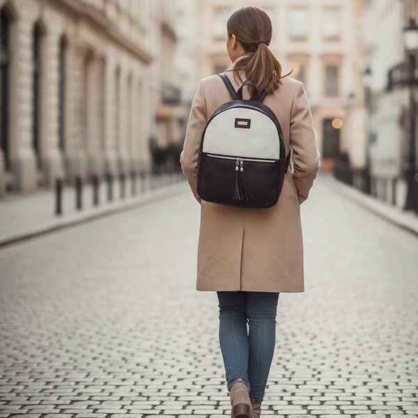 Mochila urbana de ecocuero bicolor en tonos blanco crema y negro con bolsillo frontal y tiradores de flecos.