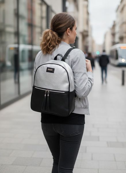 Mochila para mujer combinada en color negro y plateado con bolsillo frontal y flecos decorativos
