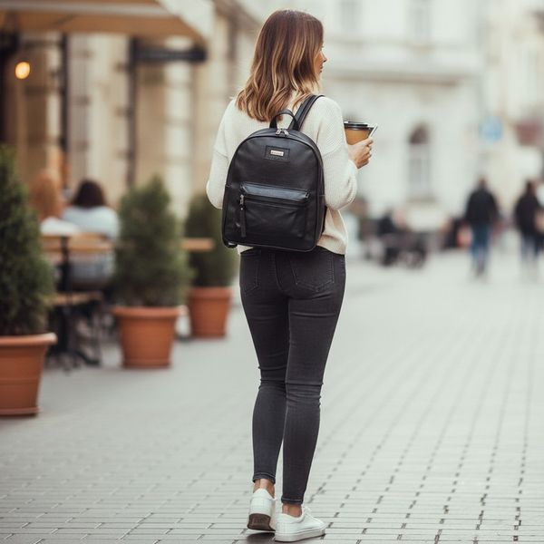 Mochila urbana de ecocuero negro con bolsillo frontal