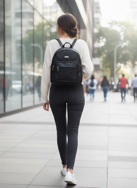 Mochila urbana negra de similicuero con bolsillo frontal y chapa metálica decorativa
