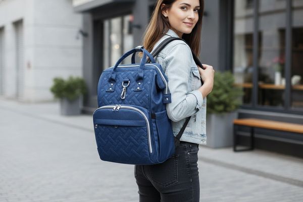 Dos mochilas urbanas estructuradas con textura matelassé en color azul y combinación gris con negro.