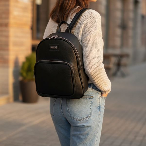 Mochila urbana negra de símil cuero con bolsillo frontal matelassé