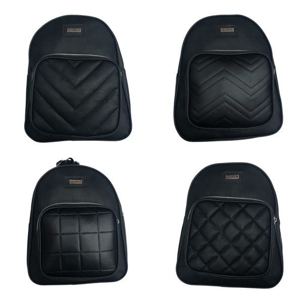 Mochila urbana negra de símil cuero con bolsillo frontal matelassé