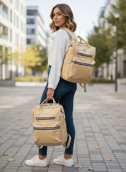 Mochila urbana de tela beige con cierres frontales y manija superior